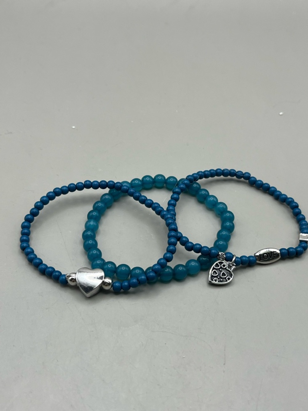 Blue Beaded Stretch Bracelet Set with Heart Charms
